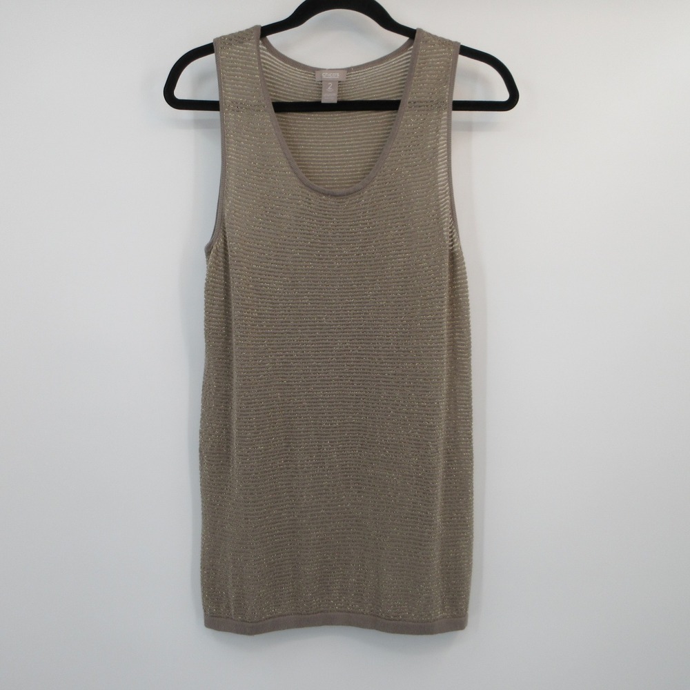 Chicos Metallic Knit Tank Top Taupe Gold Scoop Neck Shimmer Size 2 L Large